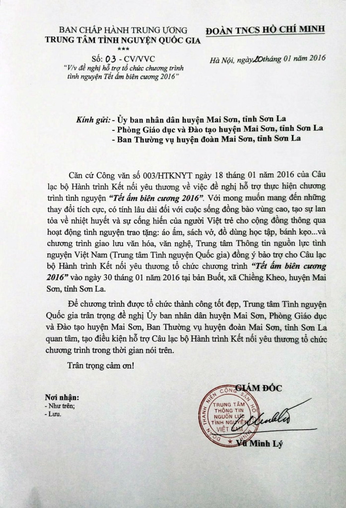 Cong van cua Trung tam Tinh nguyen Quoc gia (VVC) - Trung uong Doan TNCS Ho Chi Minh